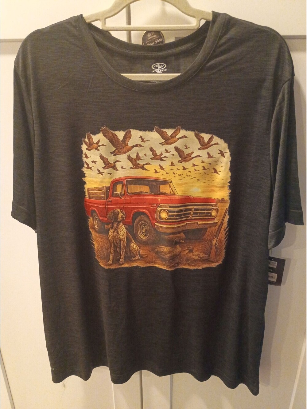 Athletic Works Men's 2XL Gray Graphic T-Shirt with Red Truck and Dog Print
